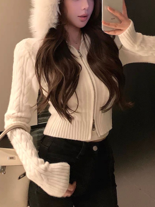 温柔连帽开衫拉链毛衣女冬季新款优雅修身显瘦短款针织衫
