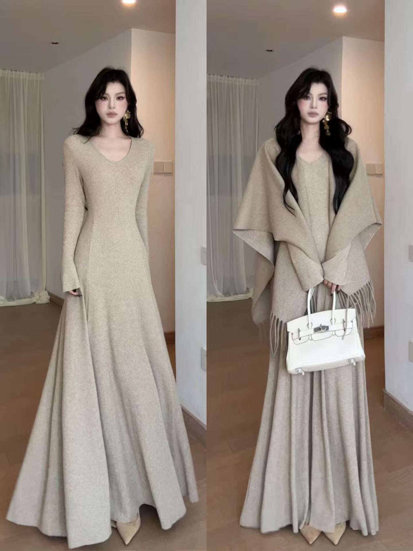 卡其色针织连衣裙长款V领修身收腰法式长裙包臀裙内搭早秋季穿搭