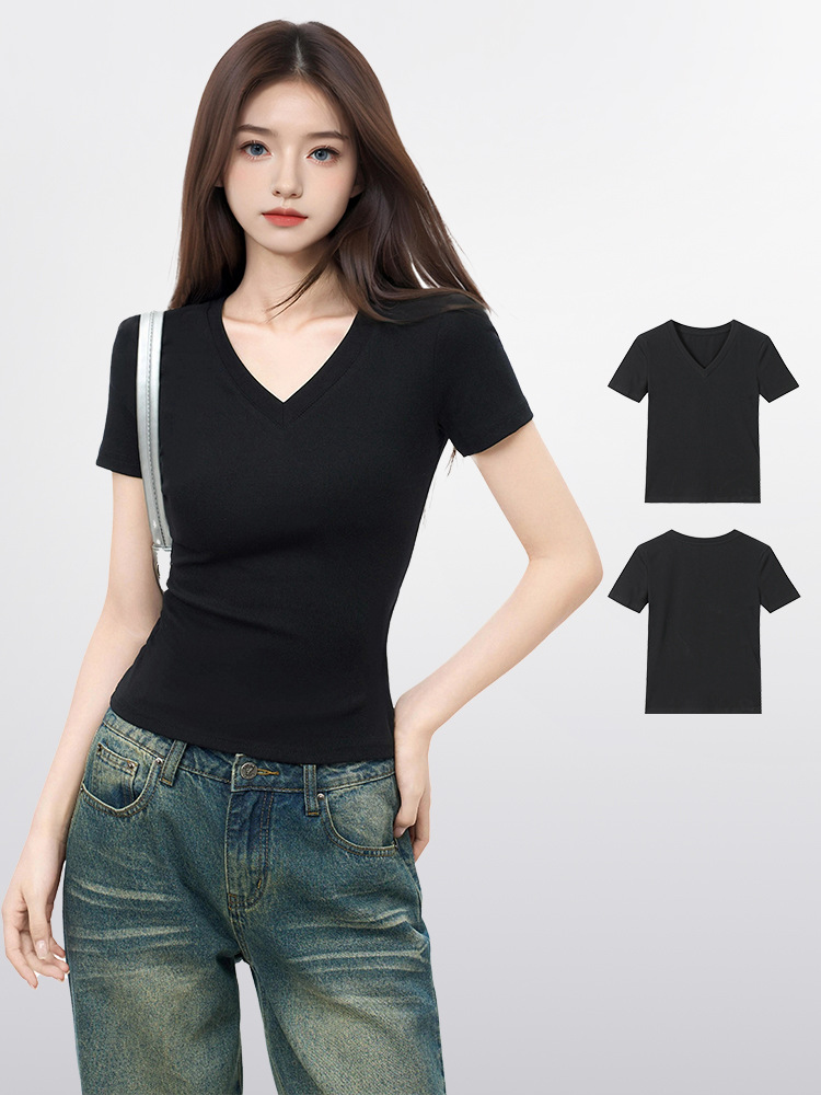 黑色v领短袖t恤女夏季修身正肩打底衫内搭纯棉上衣2025新款