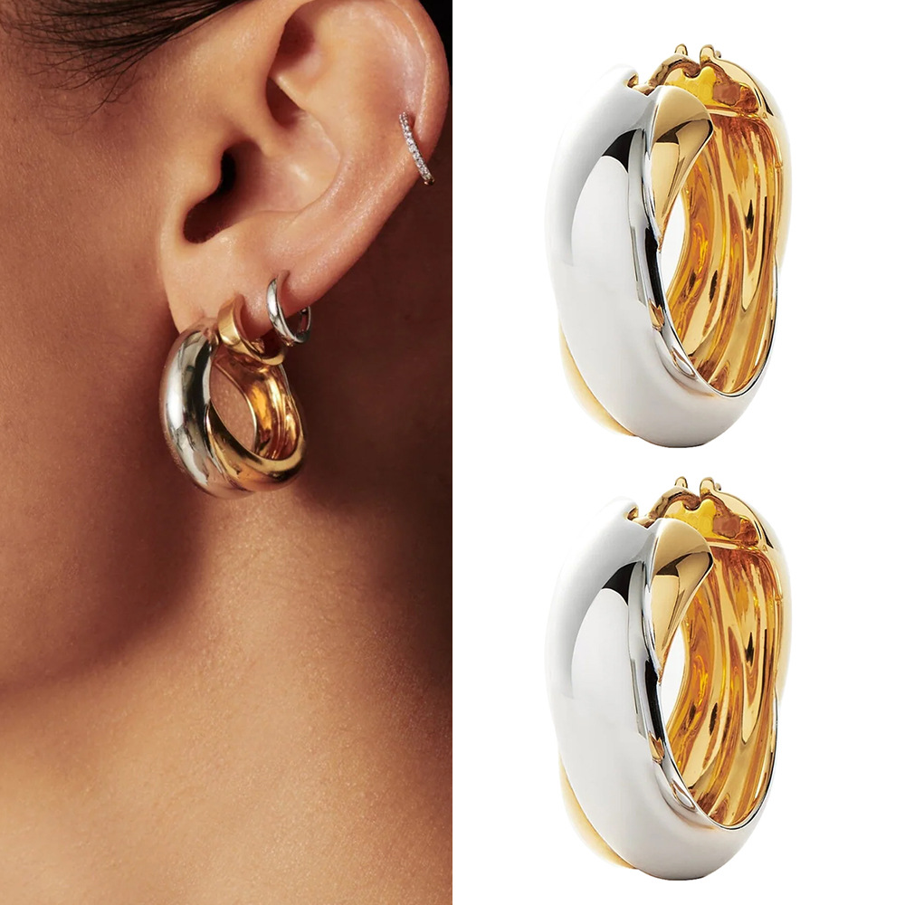 高级轻奢双色耳环高质量间电复古饰品撞色女式欧美新款铜耳饰镀金