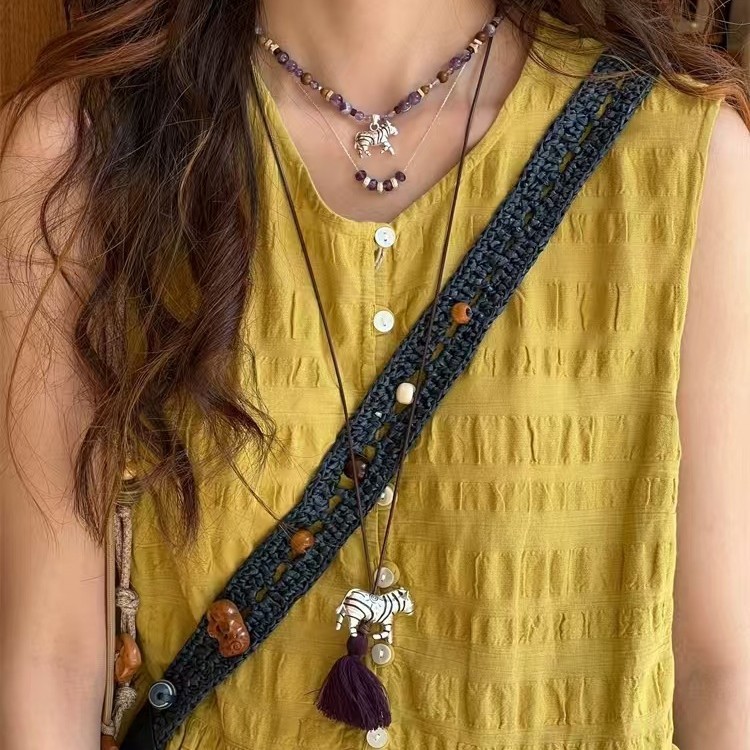 斑马流苏蜡绳项链欧美小众设计饰品套装民族风时尚百搭串珠吊坠