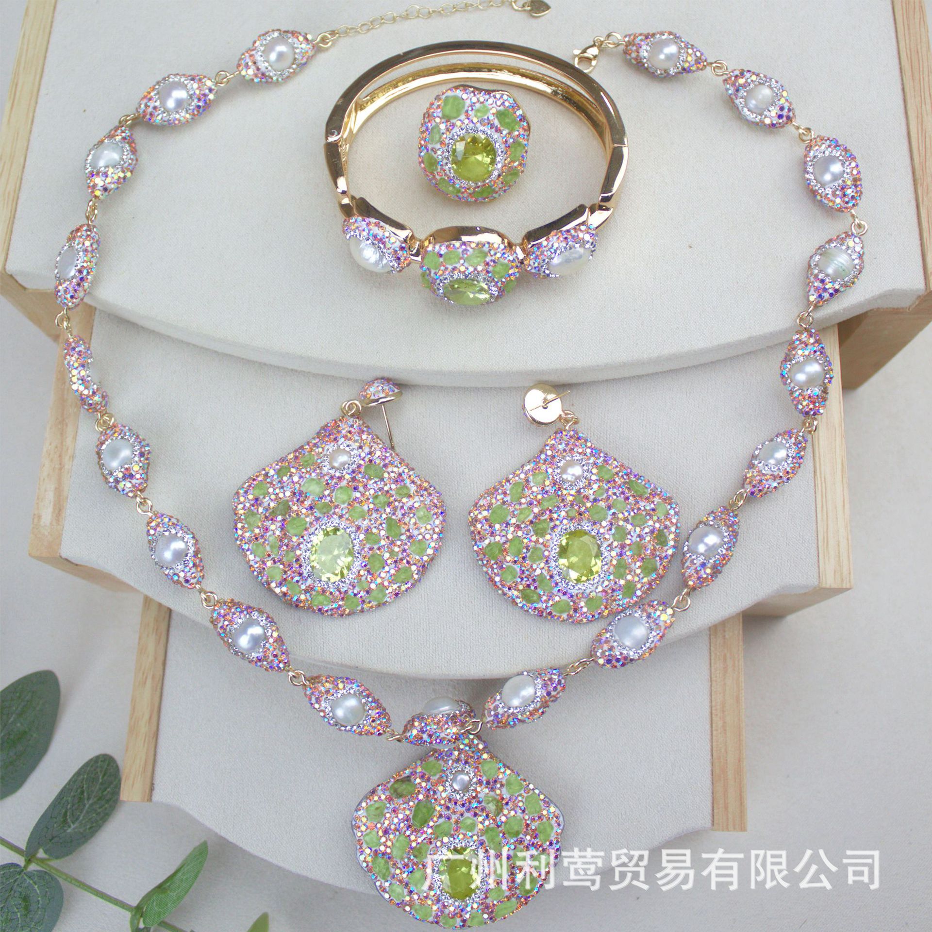 新款欧美项链套装珍珠贝首饰个性夸张四件套镶嵌彩钻贝壳项链饰品