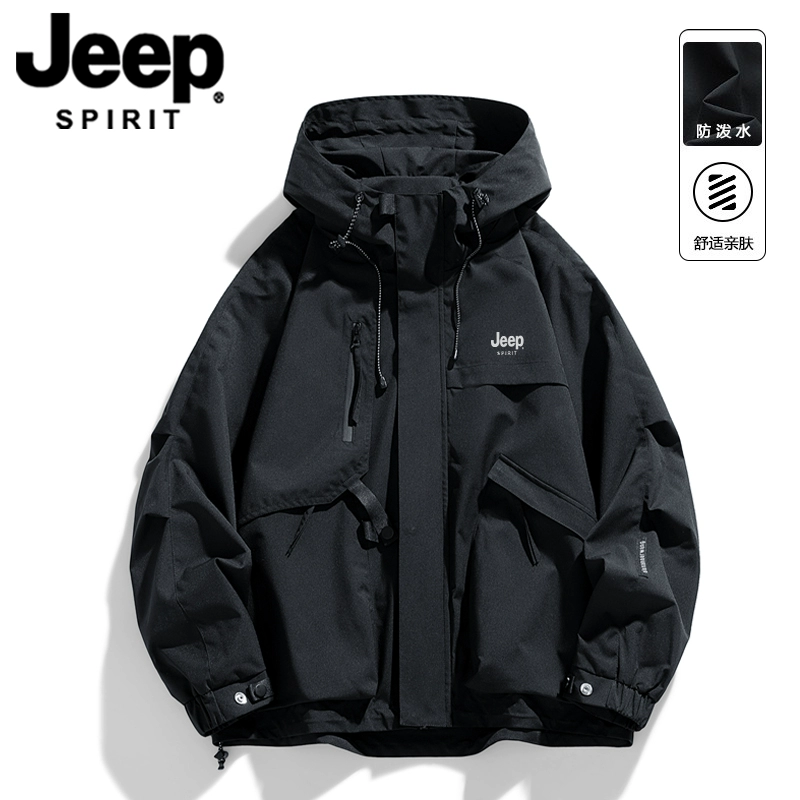Jeep spirit美式连帽冲锋衣男款秋冬季2025新款工装夹克外套男士