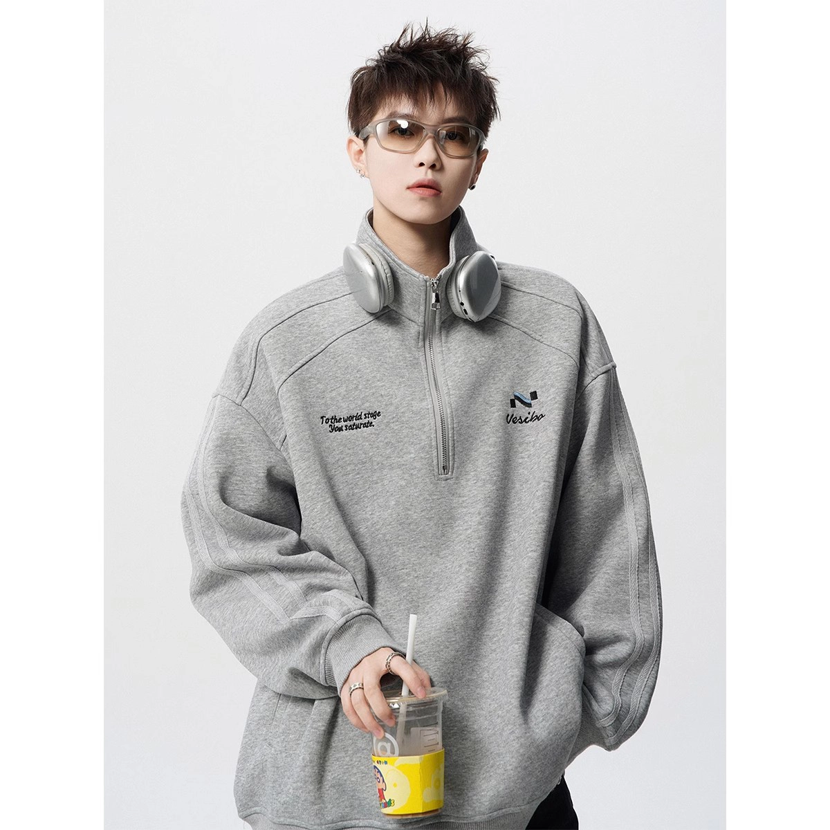 美式半拉链刺绣卫衣POLO衫男秋季潮牌设计感高街立领复古宽松长袖