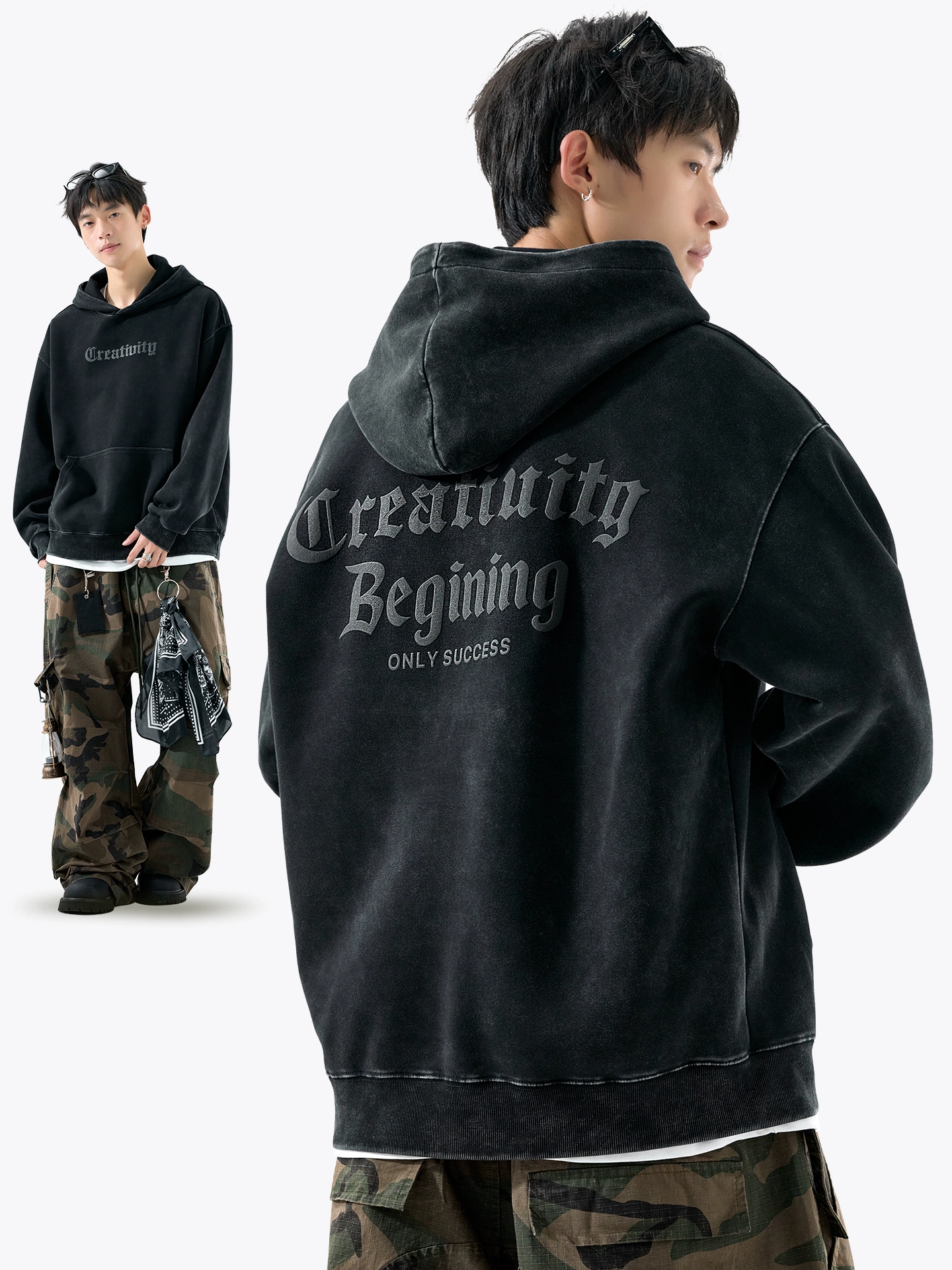 重磅连帽卫衣男加绒美式街头字母运动男装秋冬款加厚宽松水洗帽衫