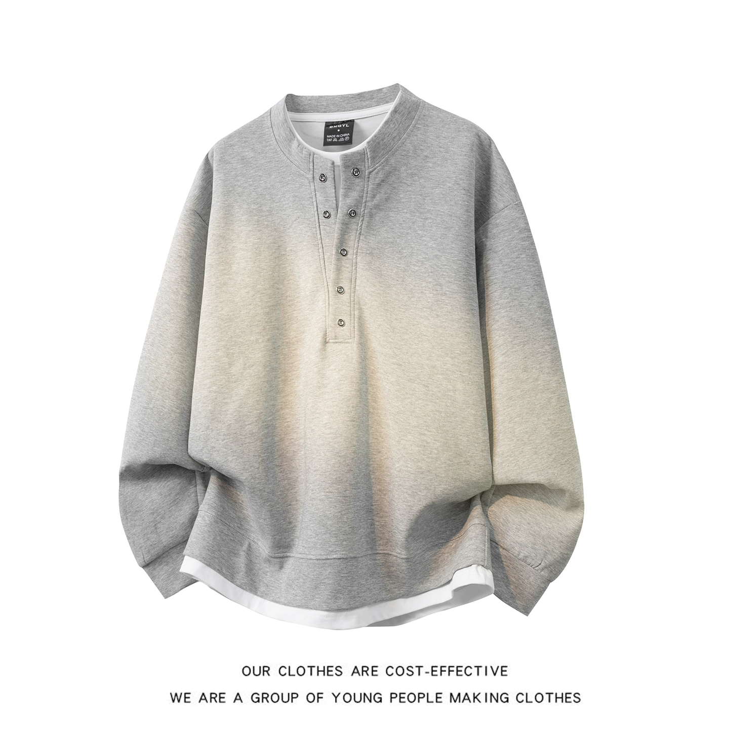 亨利领假两件长袖卫衣男潮牌高级感美式休闲大码男装T恤打底上衣