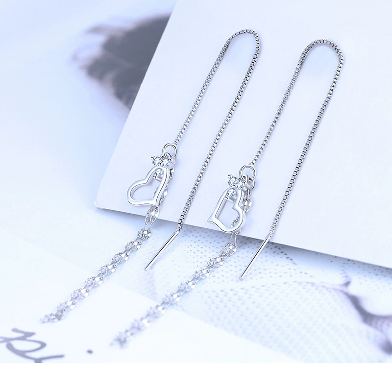 纯银长款耳环流苏耳线女韩版韩式心形耳坠S925韩国风耳饰个性气质